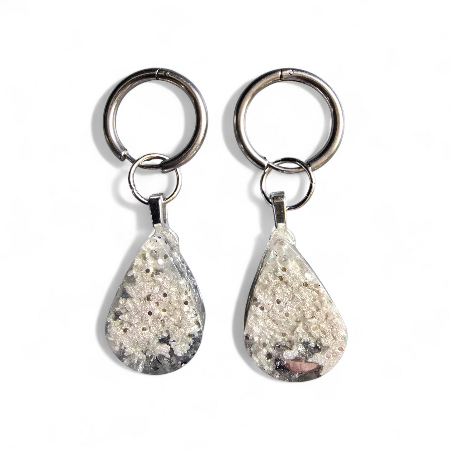 Earrings teardrop huggie style silver and white