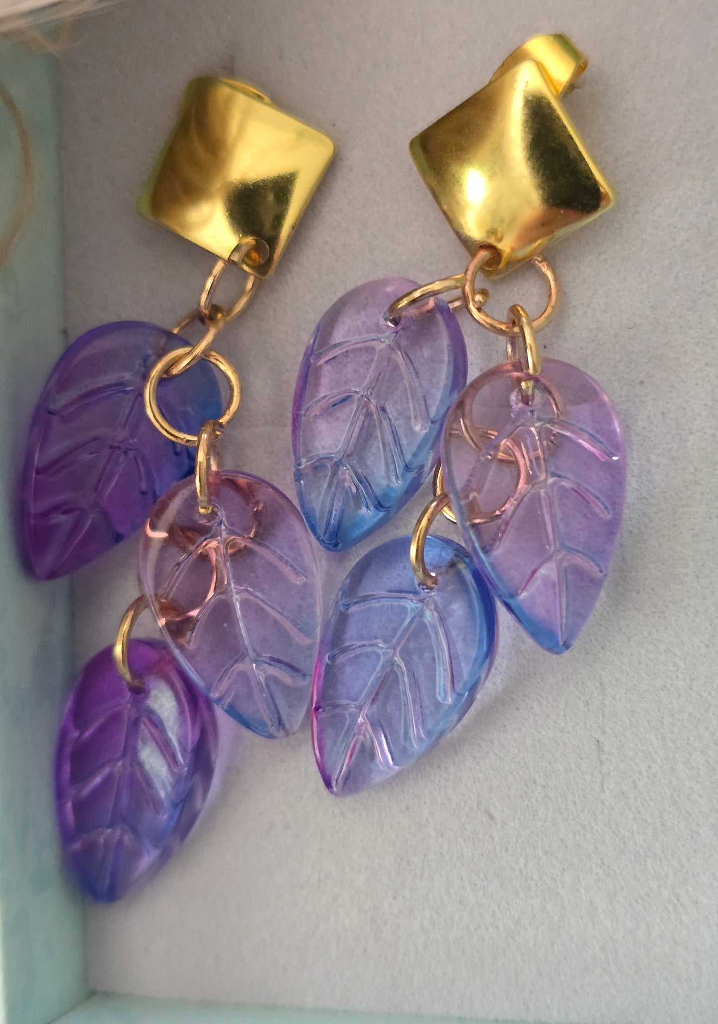 Earrings stud dangling purple blue, lilac leaves