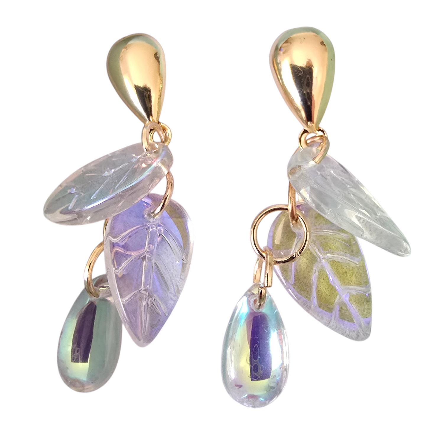 Earrings dangling studs shimmering leaves
