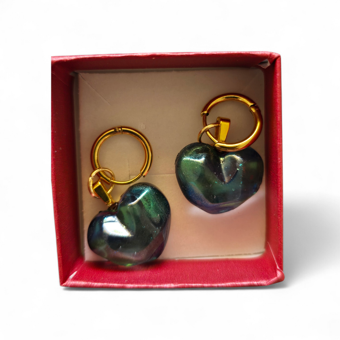 Earrings dangling huggie style blue green hearts