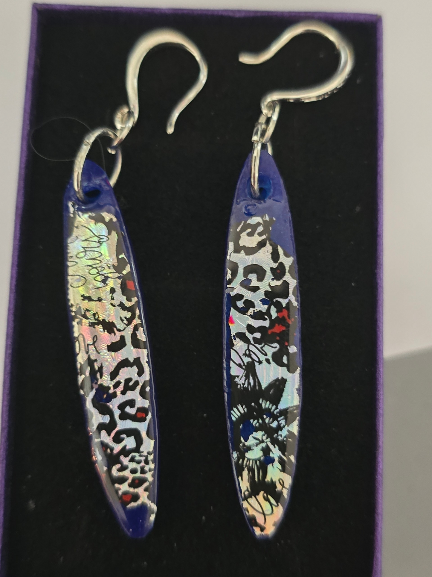 Earrings navy blue with silver holographic animal print