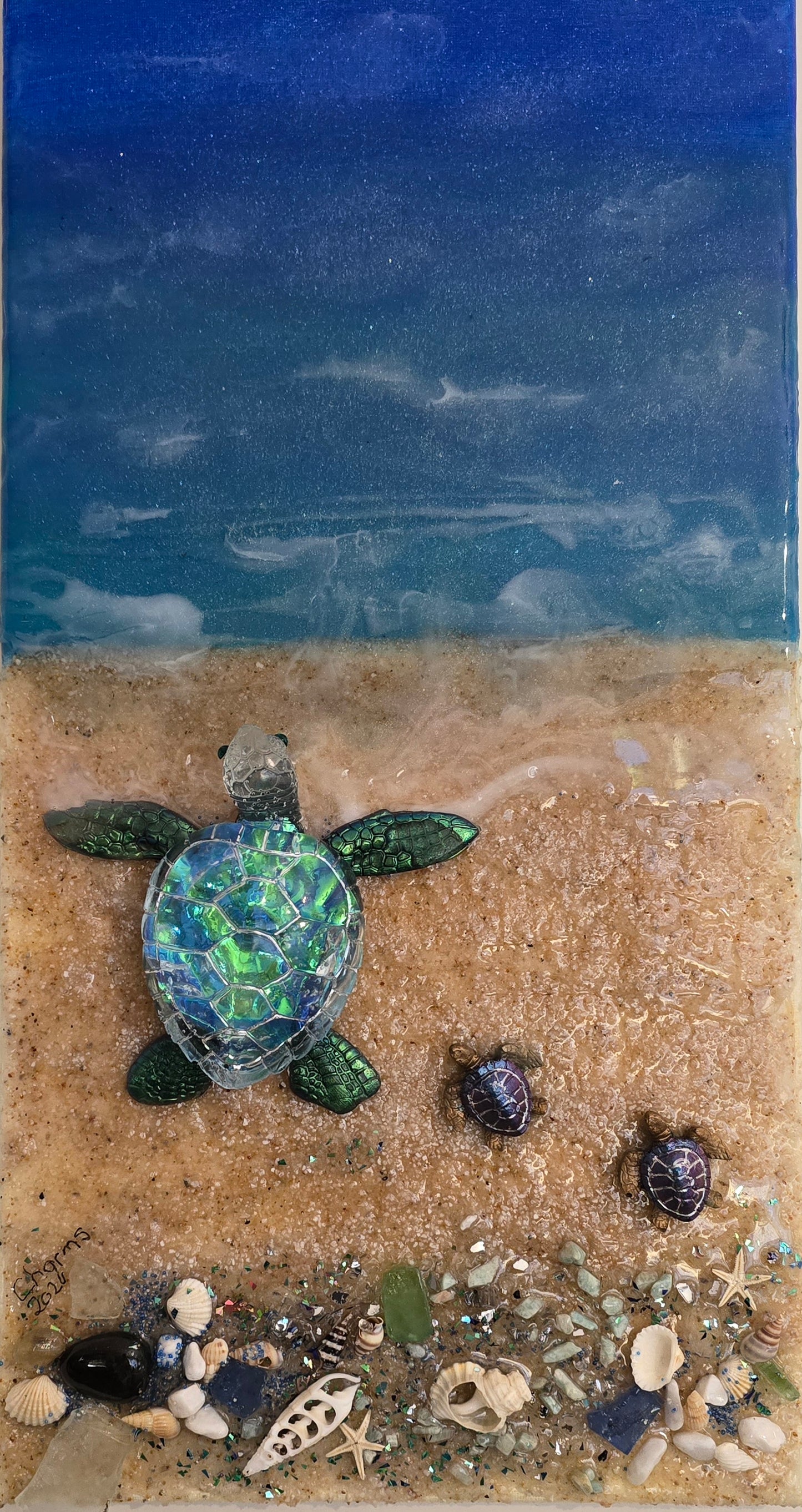 Canvas with large turtle and 2 baby turtles