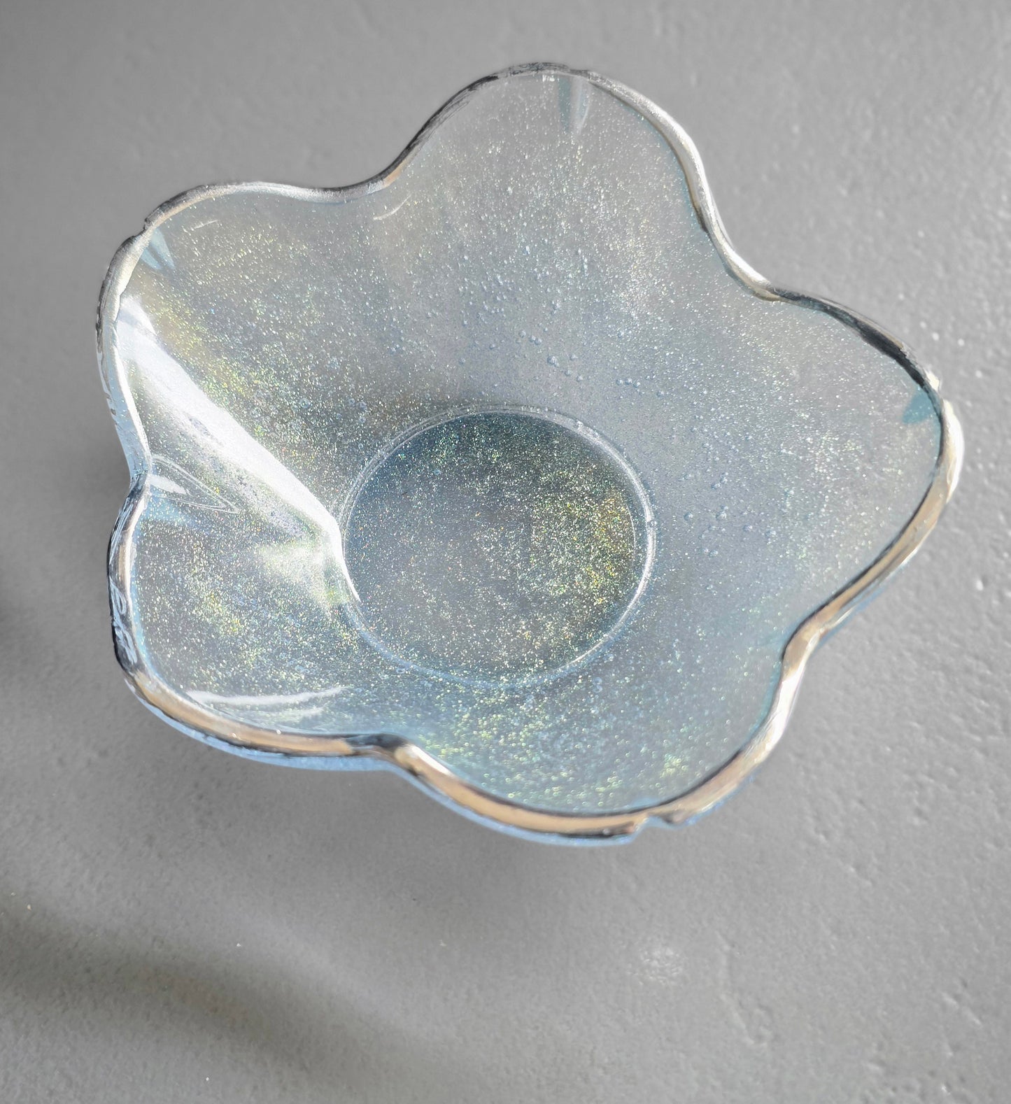 Bowl petal light turquoise blue with silver rim