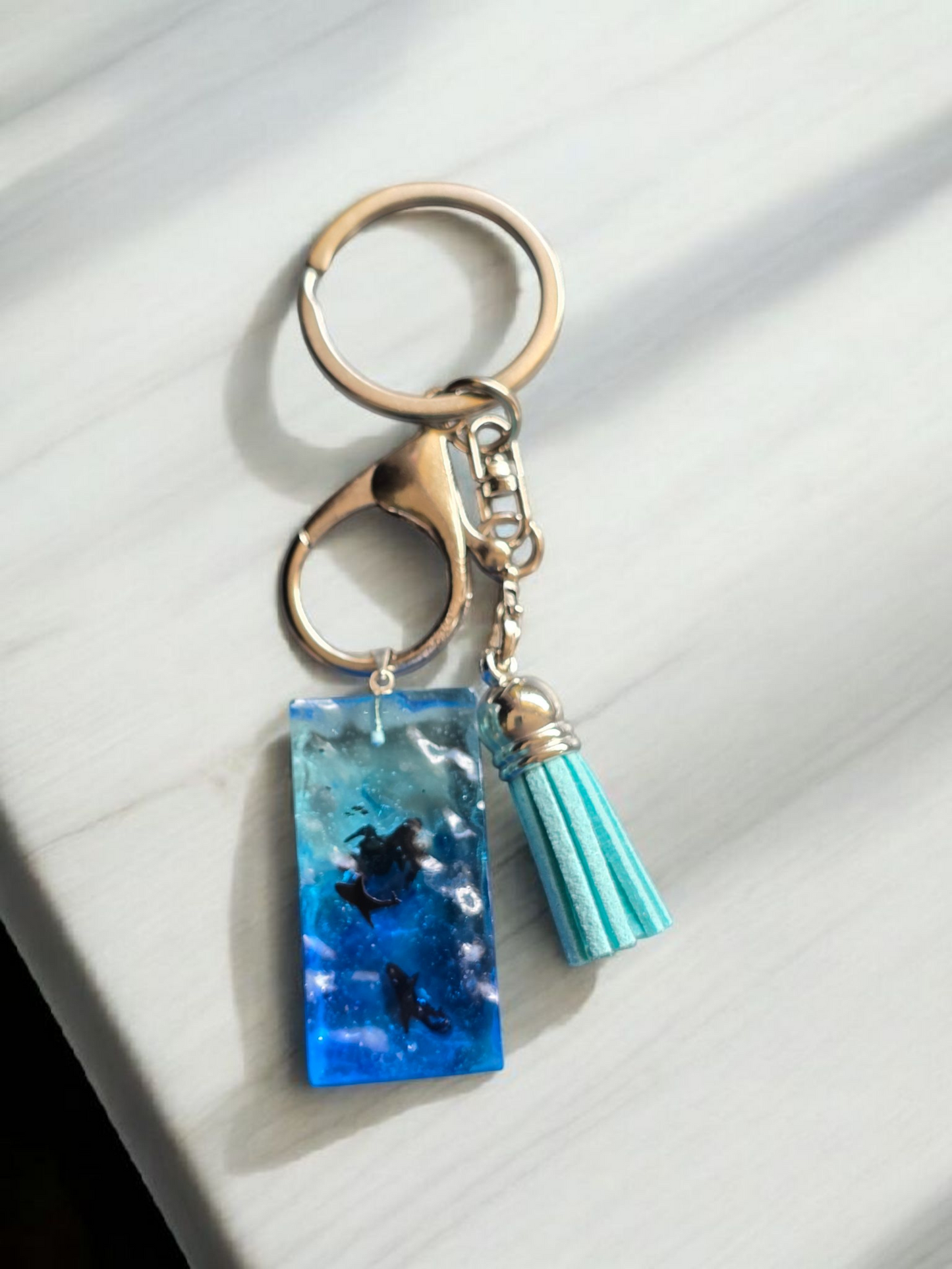 Keycharm turtle and shark with turquoise tassel