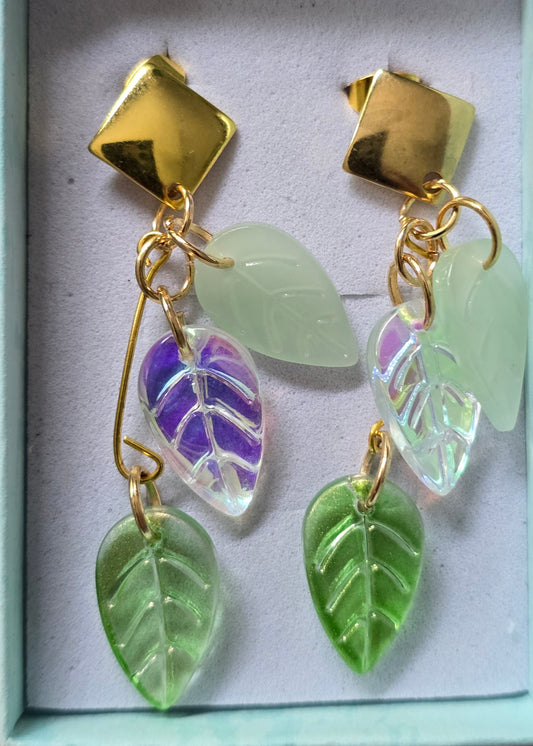 Earrings dangling green  leaves