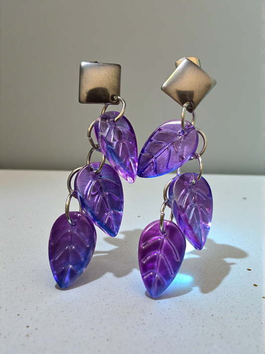 Earrings stud dangling pink,  purple and lilac leaves