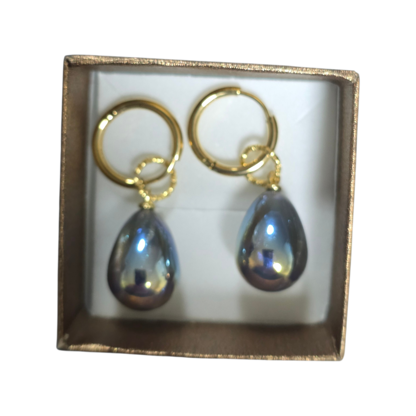 Earrings dangling huggie style blue and gold