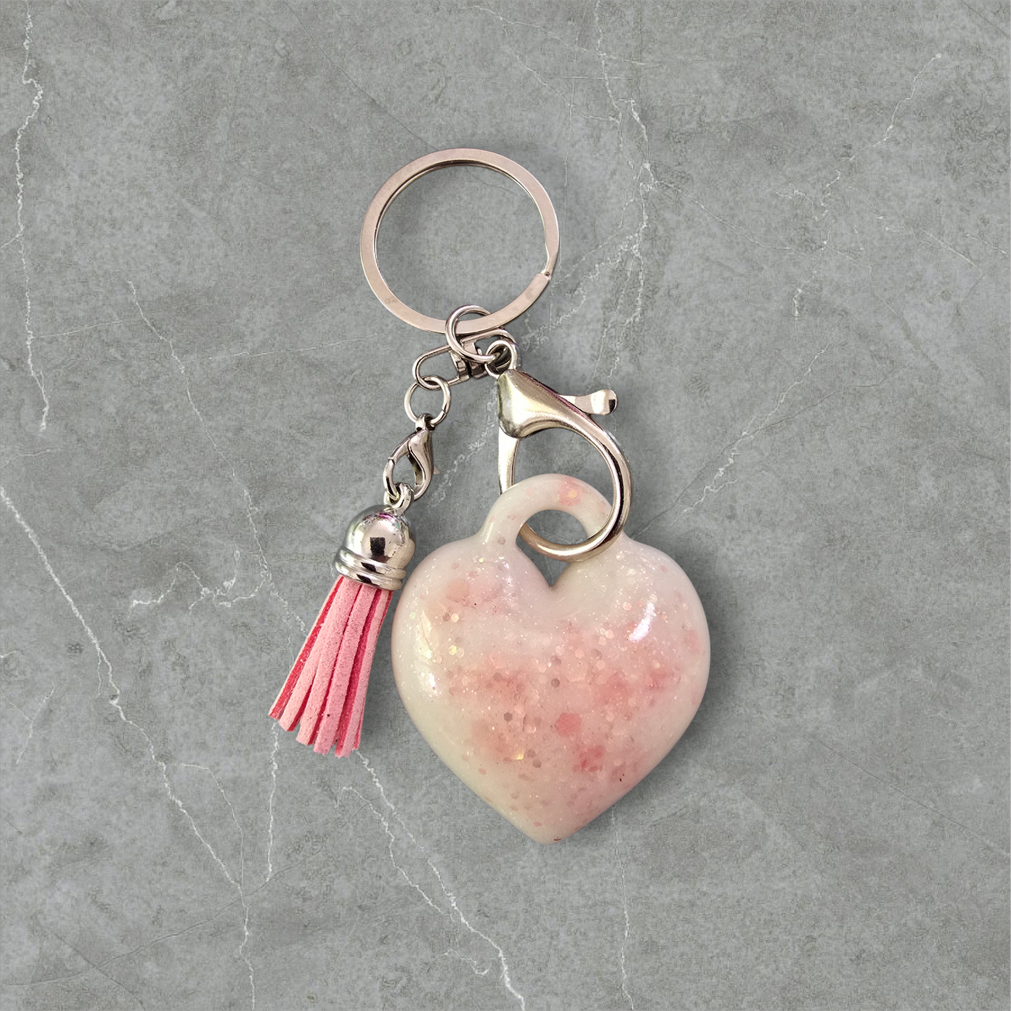 Keycharm puffy heart pink stone with pink tassel