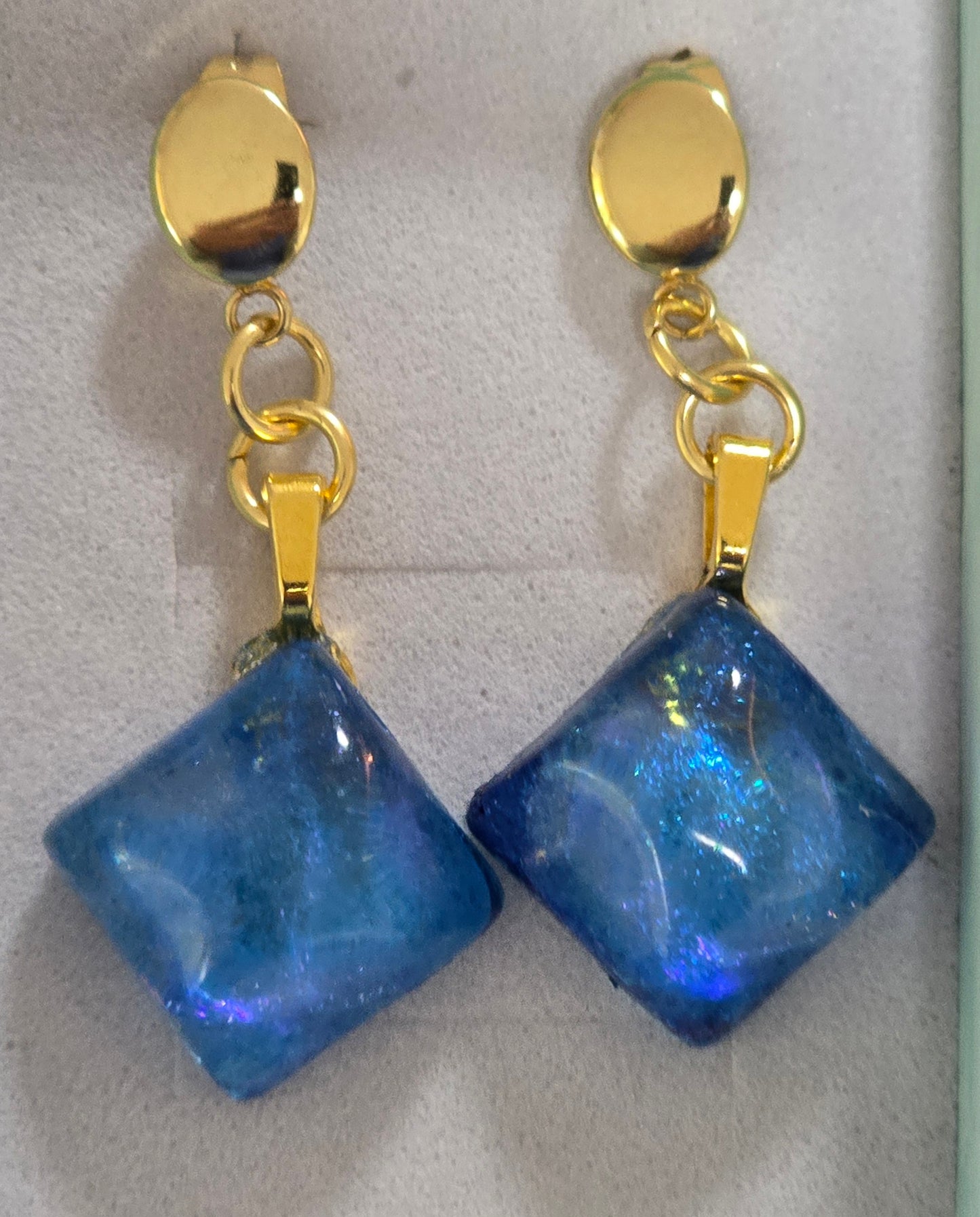 Earrings dangling denim blue and gold