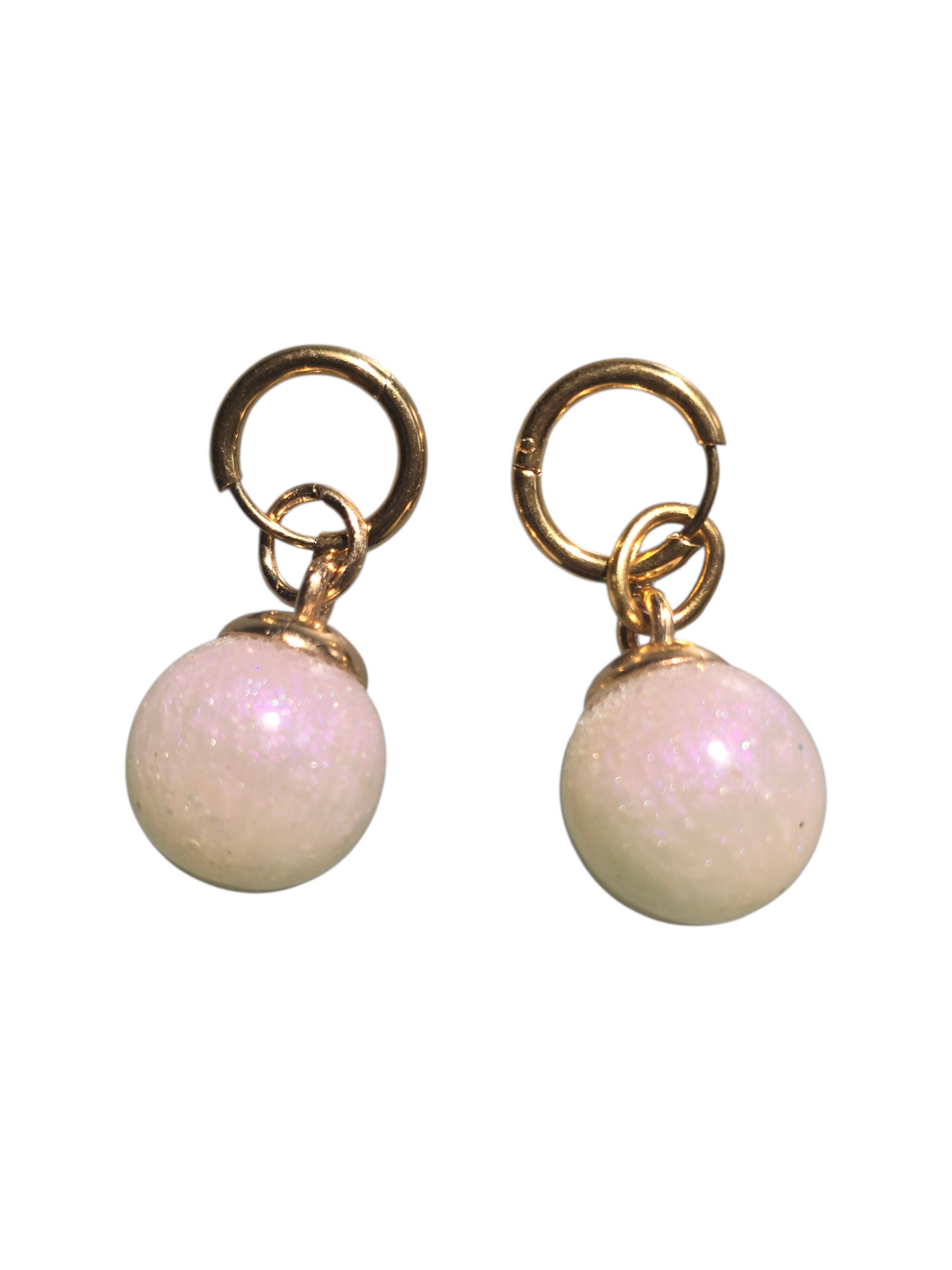 Earrings dangling huggie style silver with  pink lilac hue balls