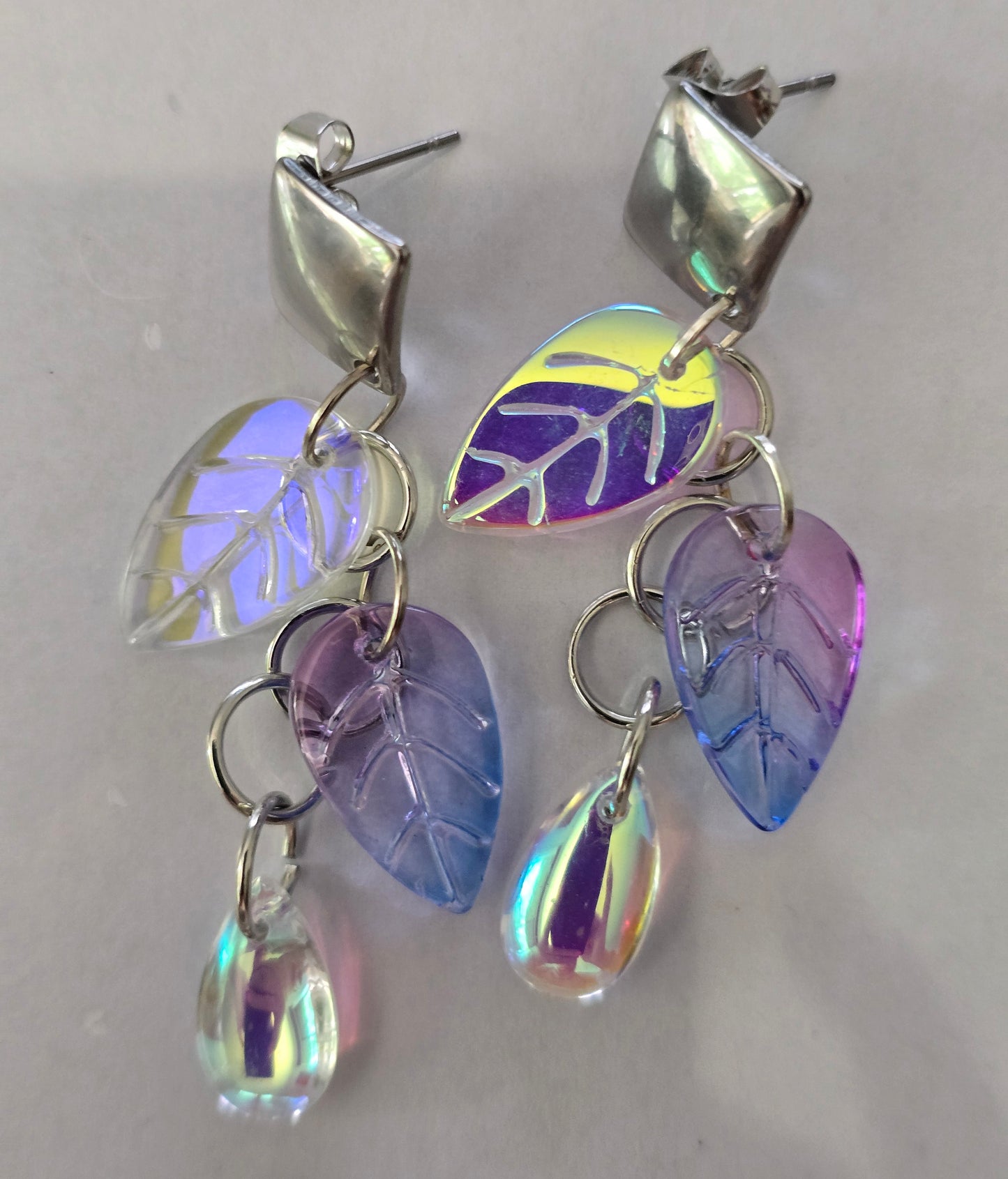 Earrings dangling purple leaves with teardrop and silver