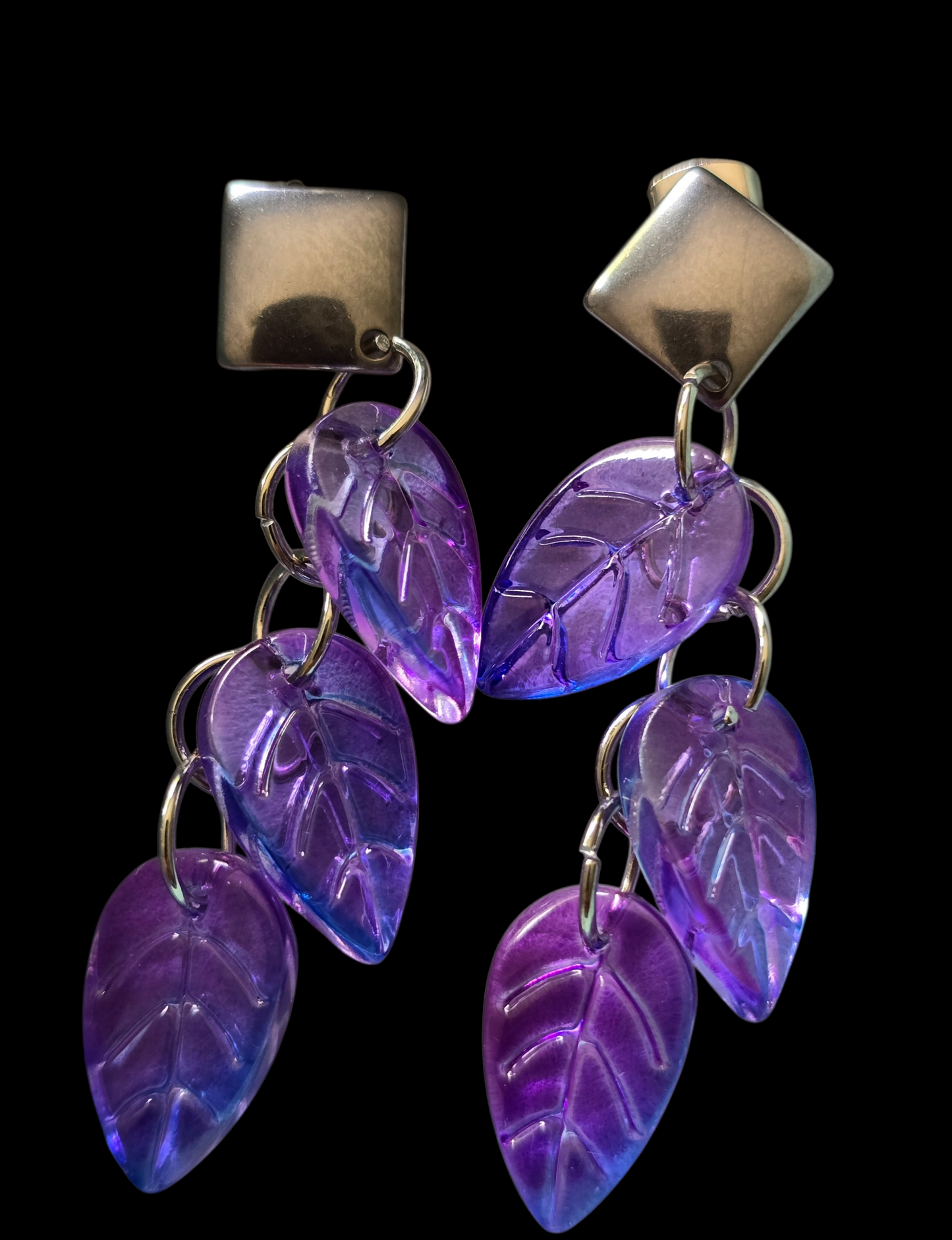 Earrings stud dangling pink,  purple and lilac leaves