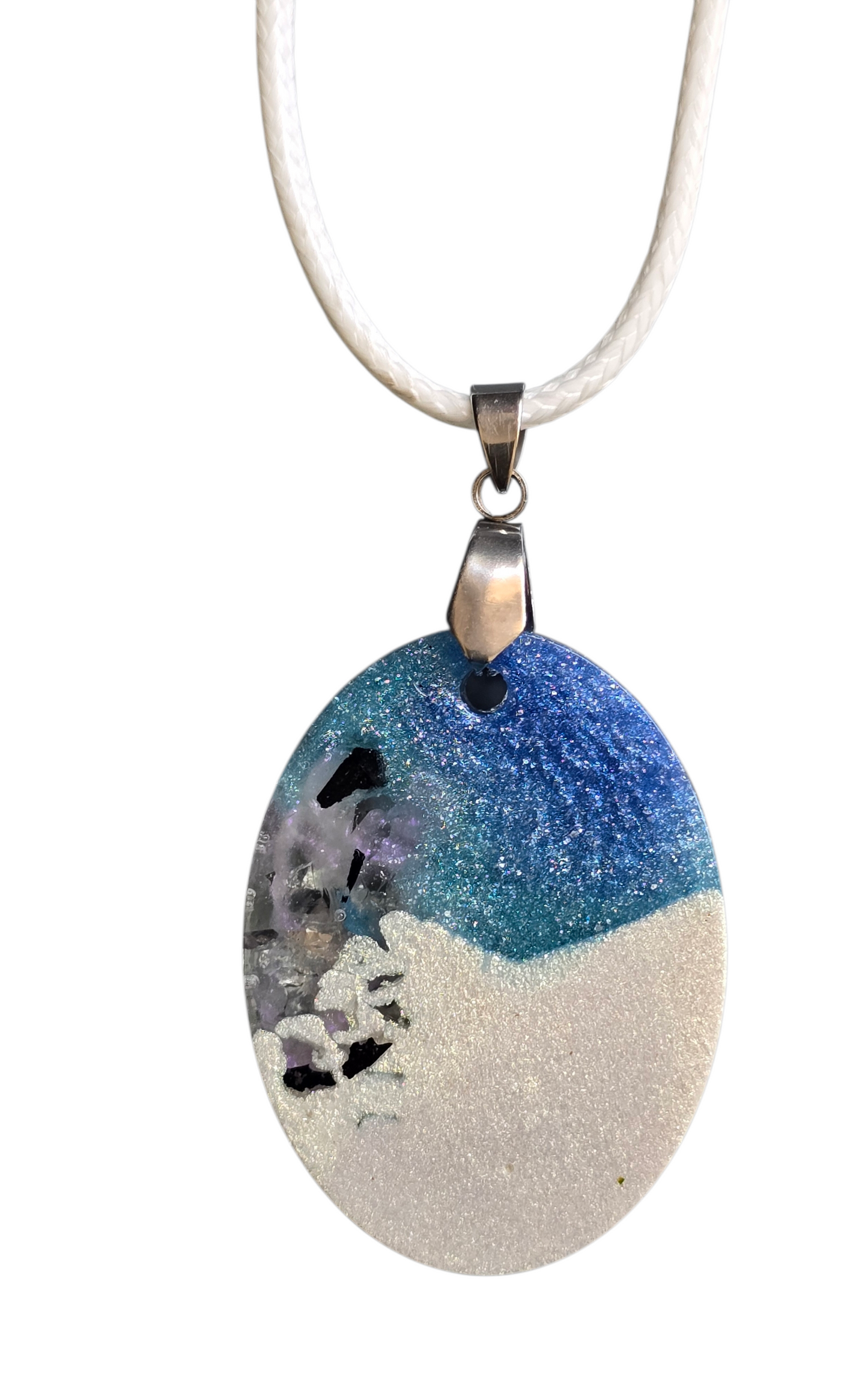 Pendant Oval shaped blue, white and silver with white faux cord