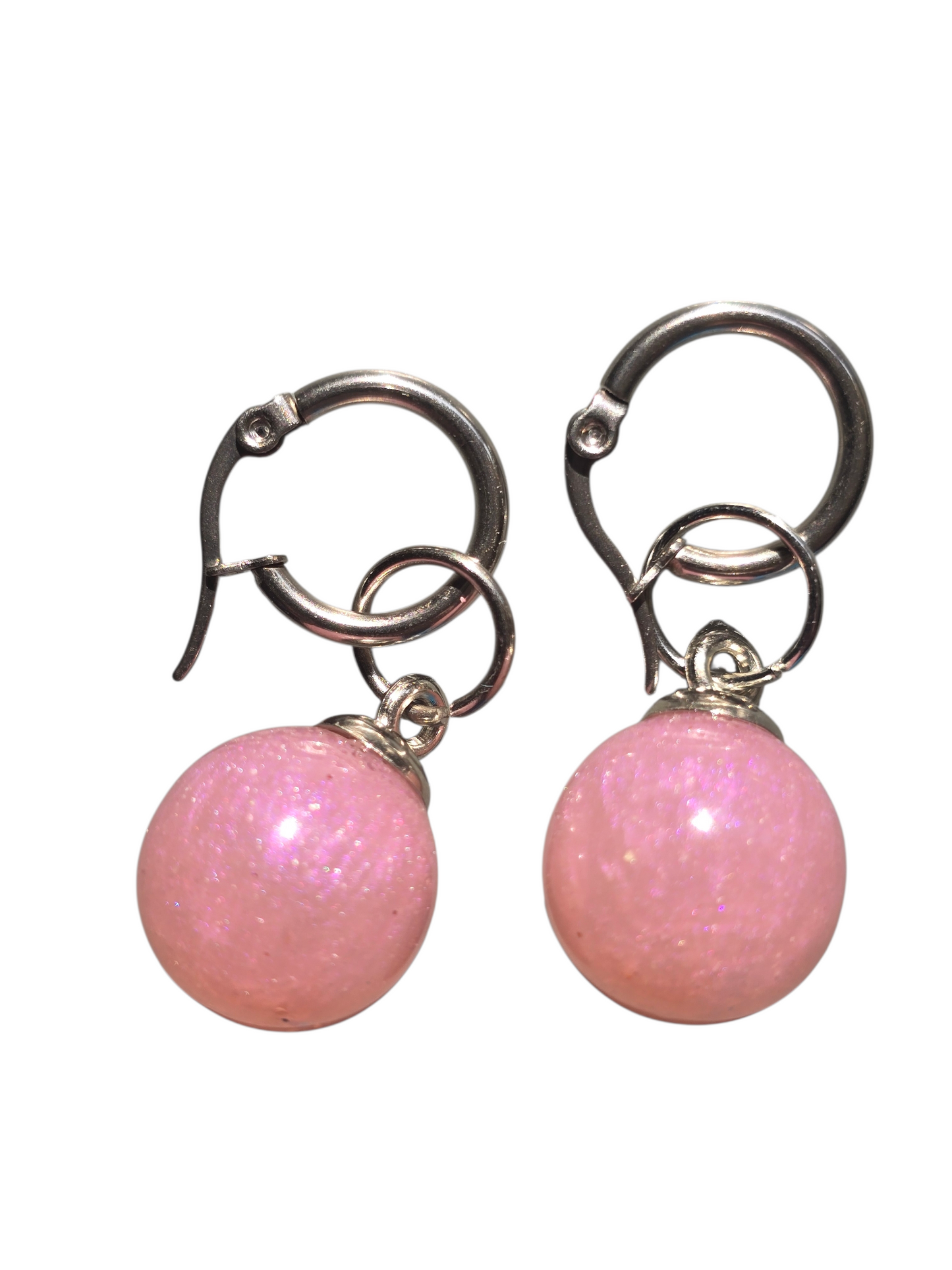 Earrings silver dangling huggie style pink pearl balls